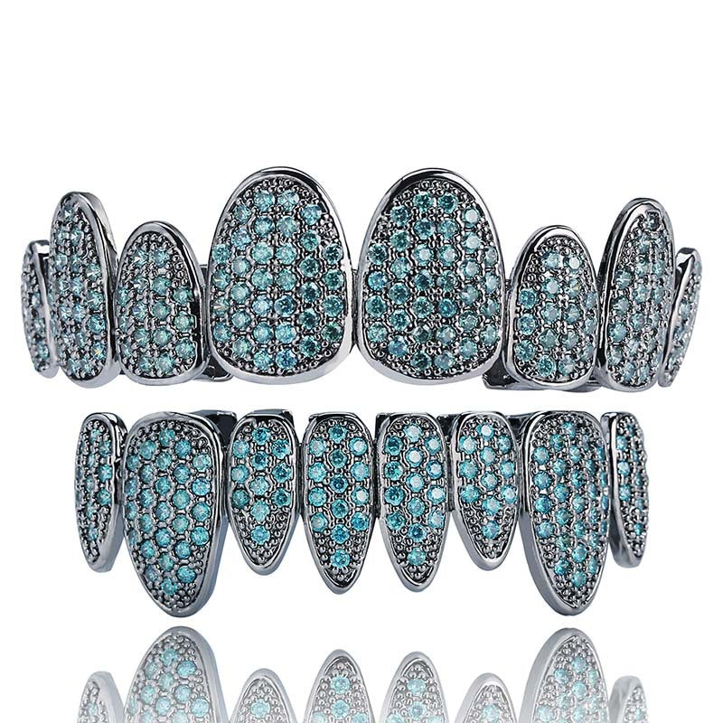 Gold & White Gold Full CZ Cubic Zirconia Iced Out Vampirt Teeth Grillz Irregular Colorful Diamond Fangs Grills Hip Hop Halloween Teeth Caps