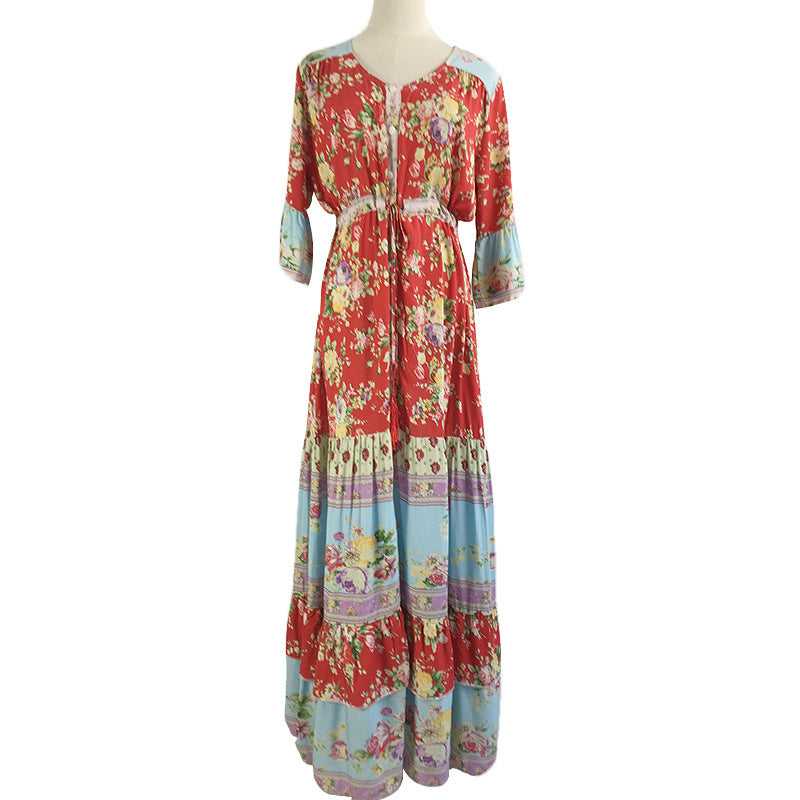 Bohemian dress with Bell Sleeve V-neck and seven-sleeve is a hot seller of new women&#039;s long skirts
