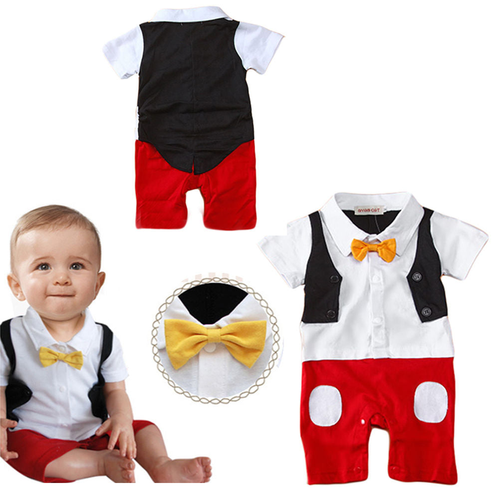 Hot Newborn 3 6 9 12 18 24 Months Infant Baby Boy Cotton Bow Ties Little Gentleman Turn-down Collar Photo Props Rompers Outfits