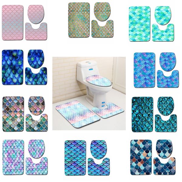 Fish Scale Printed Bath Mats 3pcs-set Anti-slip Bathroom Floor Mats Toilet Cover Rug Bathroom Carpets Mat GGA2232