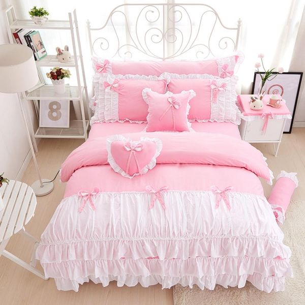 3-4pcs cotton pink princess bedding set lace edge solid pink and white color twin queen king bedroom set duvet cover bed skirt