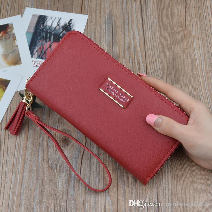 Factory wholesale brand handbag leather wallet Korean large capacity women fashion leathers tassel Long purse candy color hand Wallets