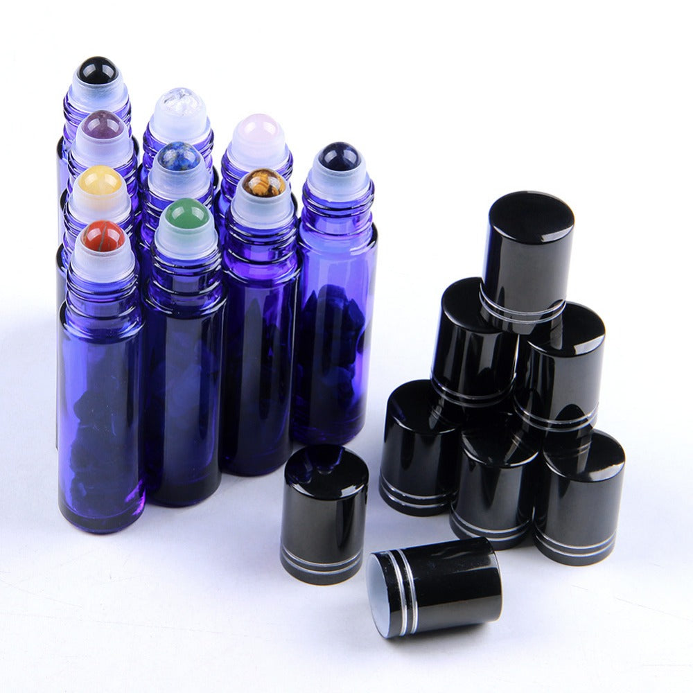 Gemstone Roller Ball Cobalt Glass Essential Oil Bottles 10ml Crystal Chips Inside Portable Make up Containers 10pcs-lot