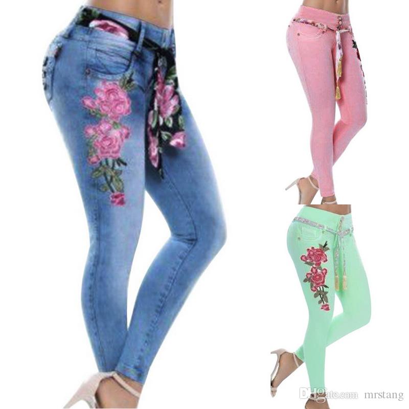 Women Skinny Embroidery Jeans Stretch High Waist Flower Denim Pants Trousers Women Jeans Pencil Pant Big Size 5XL