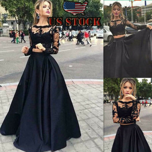 Formal Wedding Bridesmaid Long Evening Party 2PCS Short Length Lace Black Slim Tops Black Leather Zipper High Waist Skirts