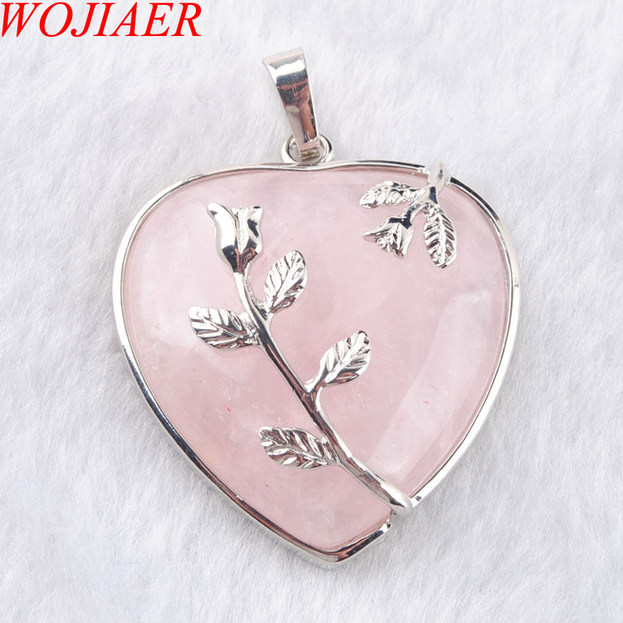 WOJIAER Love Heart Gem Stone Necklaces Pendant Natural Rose Quartz Stone Charms Bohemian Style Women Jewellery N3185