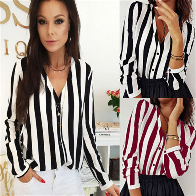 Trendy Women clothes Long Sleeve V-Neck Striped Summer Casual Shirts Button casual Polyester Blouses one pieces