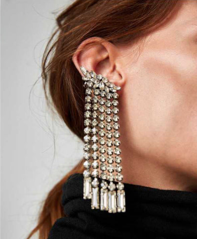 New trendy popular fashion luxury designer exaggerated glittering full colorful rhinestone crystal asymmetry long tassel stud earring