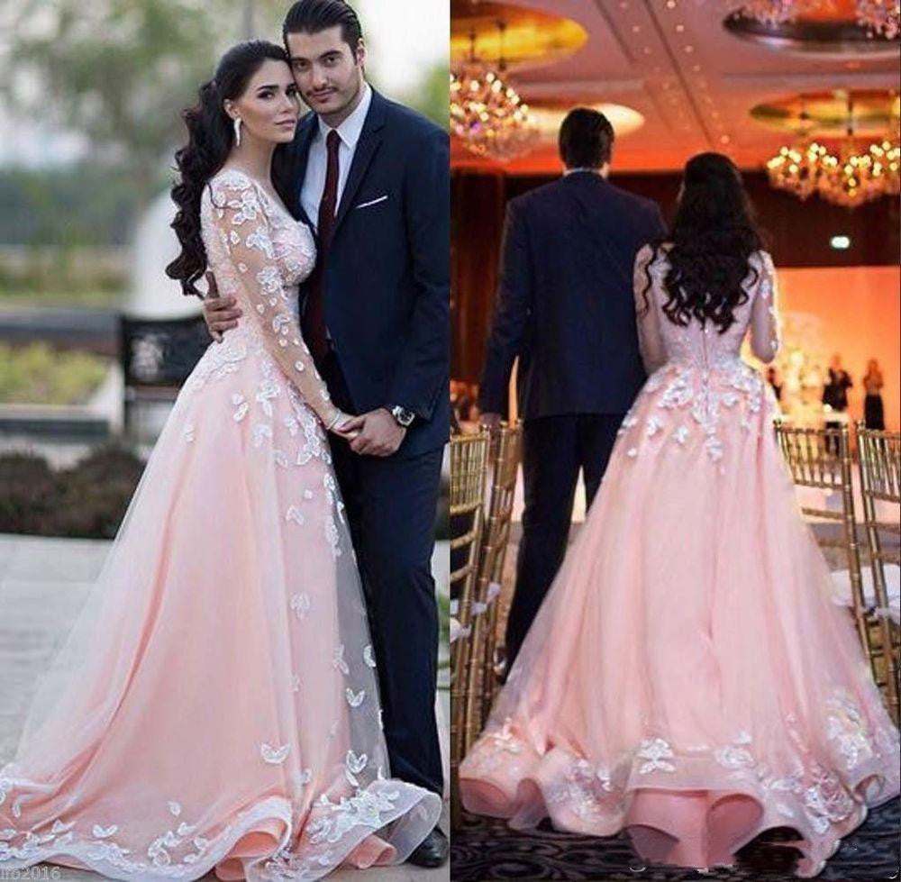 2022 Vestdios De Novia Sheer Long Sleeves Arabic Prom Dresses Scoop Neck Over skirts Train Lace Appliques Pink Tulle Formal Evening Gowns