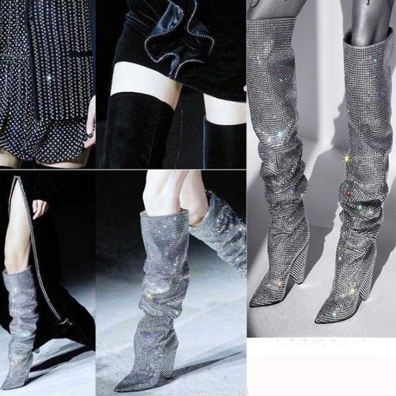 Hot Sale- Crystal Knee high boots Women High heel Boots Runway shoes glitter Spike heel pointed toe booties ladies