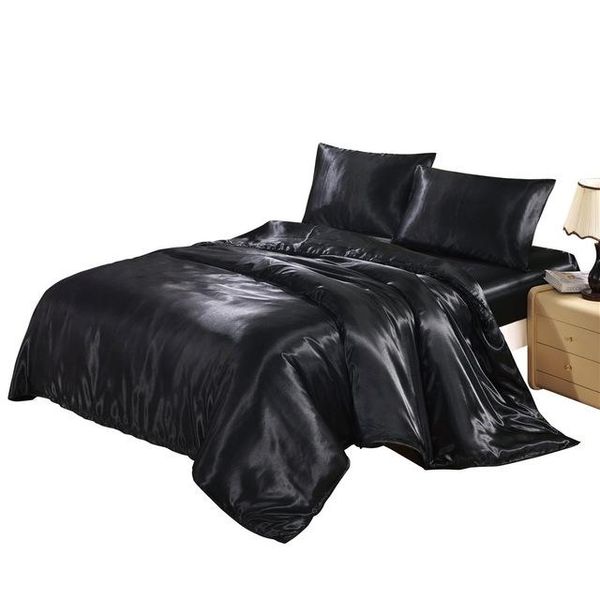Solid Color Satin Faux Silk Bedding Set Black Duvet Cover Set Silky Bed Cover US Twin Queen King UK Single Double King