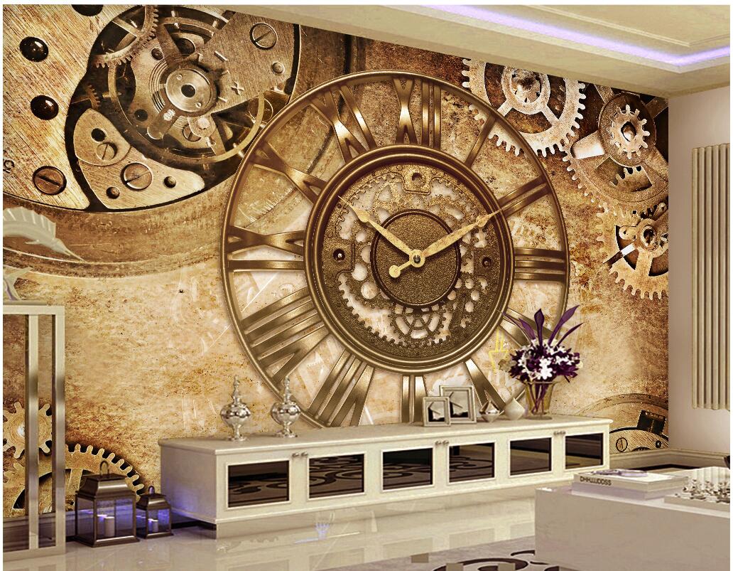 WDBH custom photo 3d wall paper Retro gear clock tv background living room home decor 3d wall murals wallpaper for walls 3 d