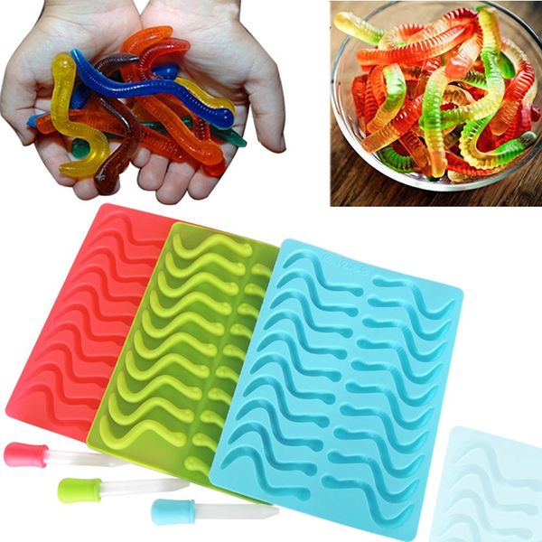 New 20 Cavity Snakes Worm Gummy Hard Candy Chocolate Silicone Soap Ice Tray Mold Baby Party Shower Cake Decorating Tools