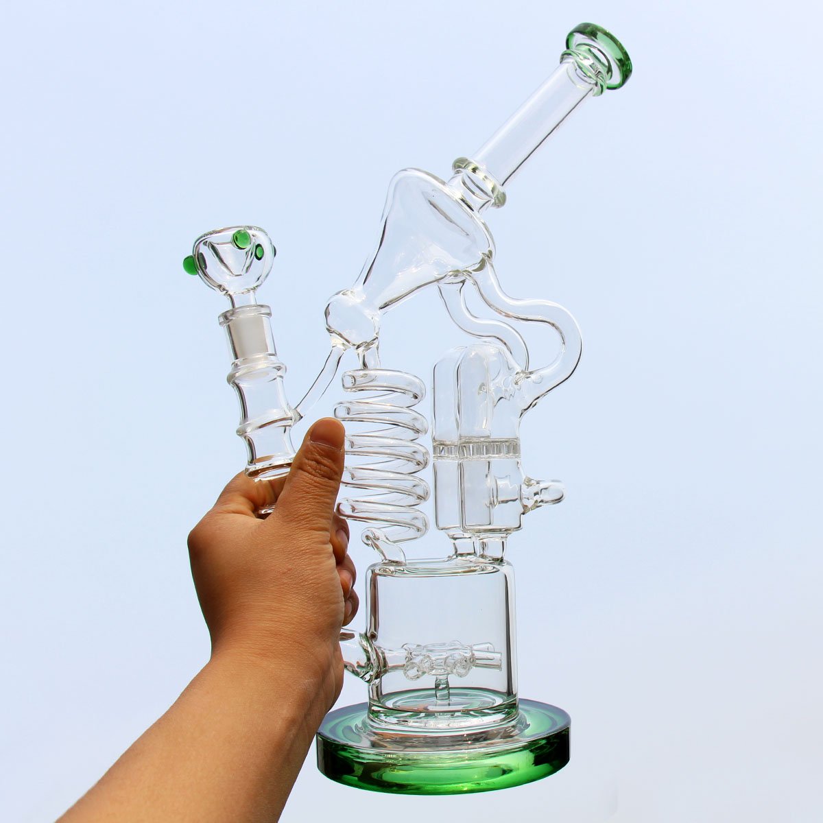Big Recycler Hookah Bong Smoking Glass Pipe 31cm Green Water Pipes Bubblers 14.5mm Thick Bongs