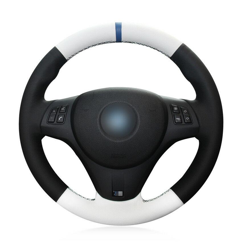 For BMW M3 2009-2013 E92 Black White Genuine Leather Car Steering Wheel Cover