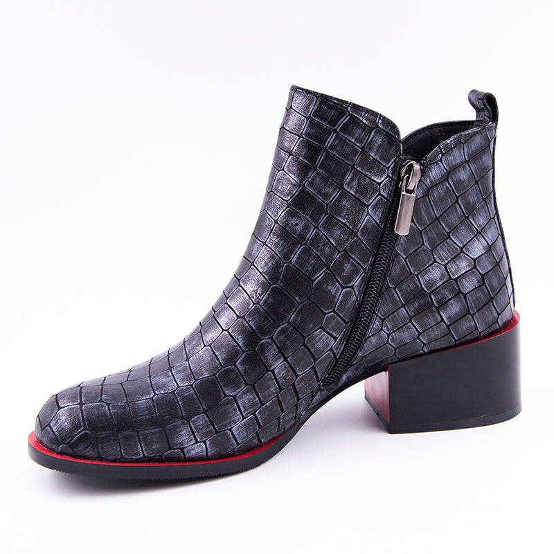 Hot Sale-Women&#039;s Shoes Spring Ankle Boots For Women Genuine Leather Fashion Shoes Woman Square Heel Round Toe Zip Stone Grain