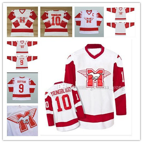 Cheap Men&#039;s 10 Dean Youngblood Hamilton Mustangs Moive Ice Hockey Jerseys 9 SUTTON All Stiched Uniforms Fast Shipping High Quality White