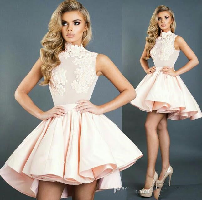 Baby Pink High Neck Ball Gown Homecoming Dresses Sleeveless Ruffles Skirts Bling Party Dress Short Prom Cocktail Gowns