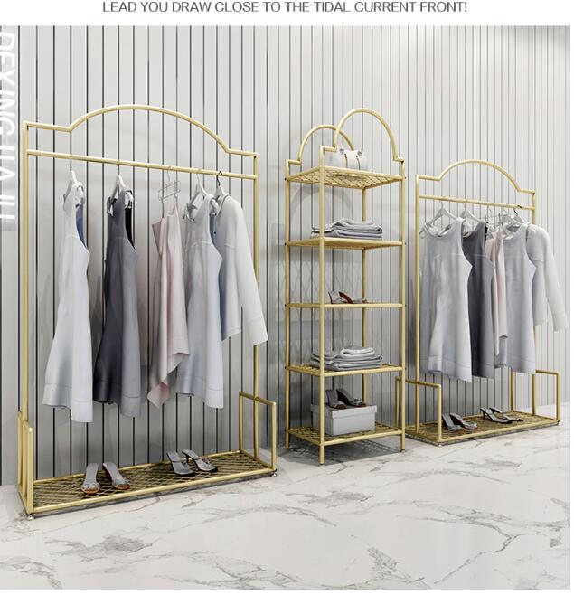 Clothing store display rack nano gold shelf Commercial Furniture light luxury women&#039;s cloth shop clothes racks side hanging shelf floor type co