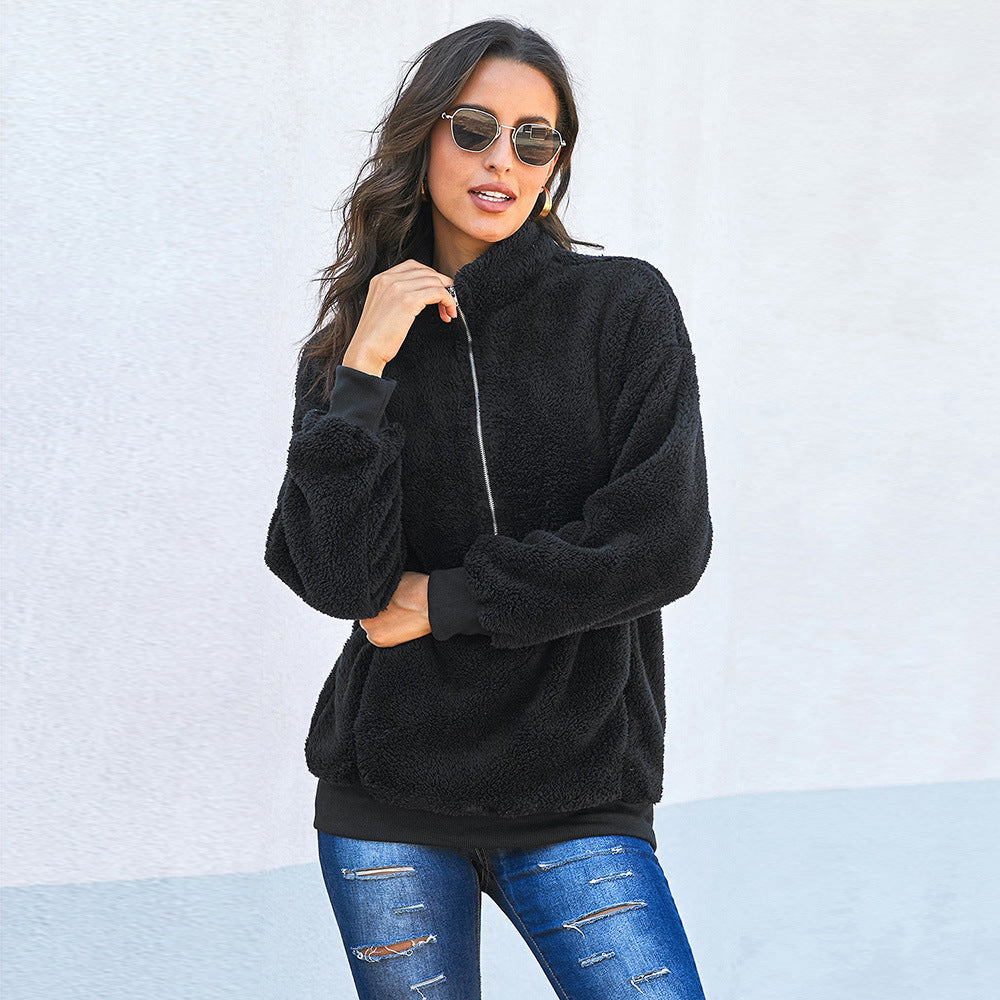 Long Sleeve Black Hoodie Women Autumn Winter Pullover Short Sweatshirt Plush Zipper Faux Fur Fluffly Sweatshirt SY252618