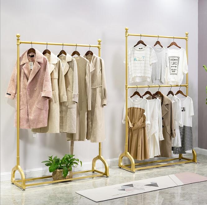 Gold clothing store iron clothing rack Commercial Furniture men&#039;s and women&#039;s wedding dress floor hanger metal double layer adjustable han