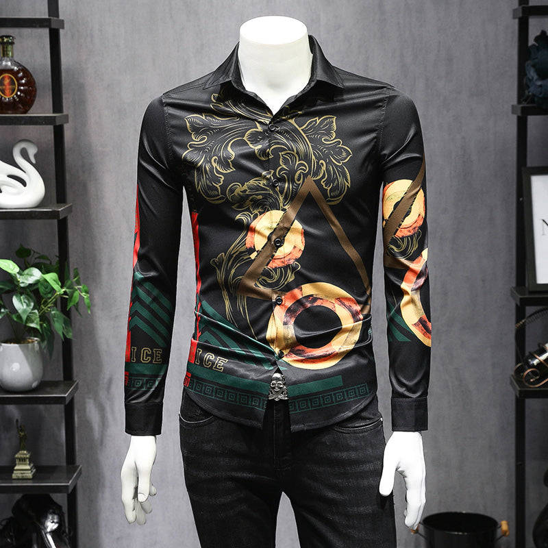 2019 summer new short-sleeved shirt men&#039;s fashion fashion Slim printing youth casual wild flower shirt