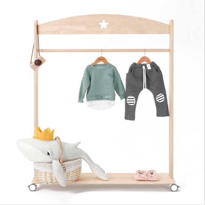 Children Cabinets clothing store shelf display rack floor roller star clothes racks Nordic style log series household storage shelfs