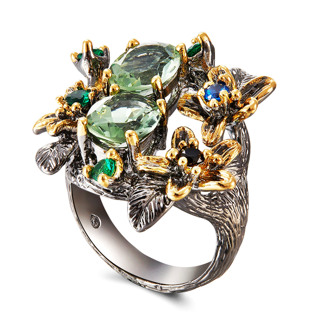 Bright Olivine Crystal CZ Ring Multi Color cubic zirconia Jewellery Leaf Flower Women&#039;s Copper Jewelry Cocktail Finger rings