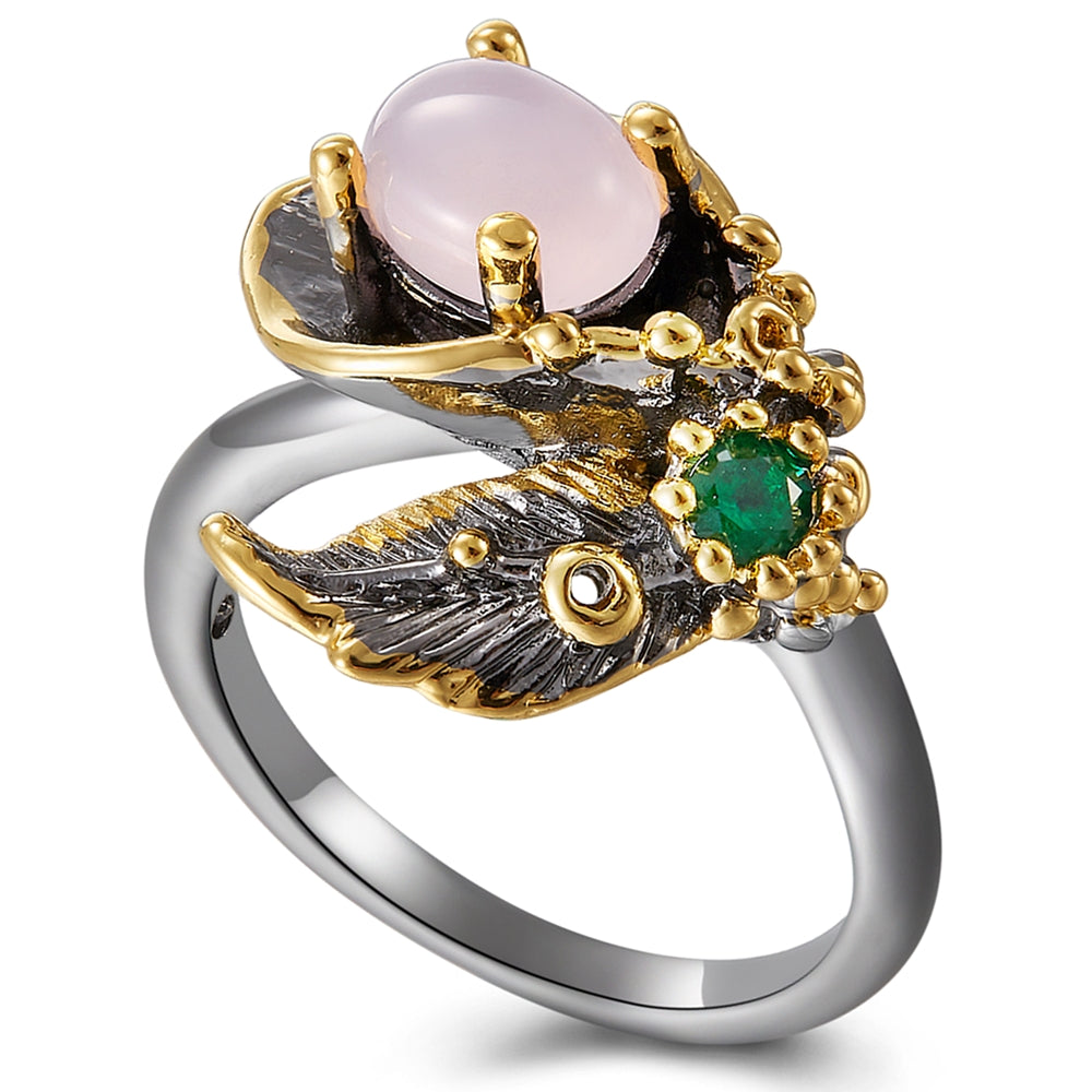 Oval Pink stone Leaf Ring Black Nickle Gold 2Tone plated Vintage Jewellery for Cocktail Party Best Jewelry rings for Women