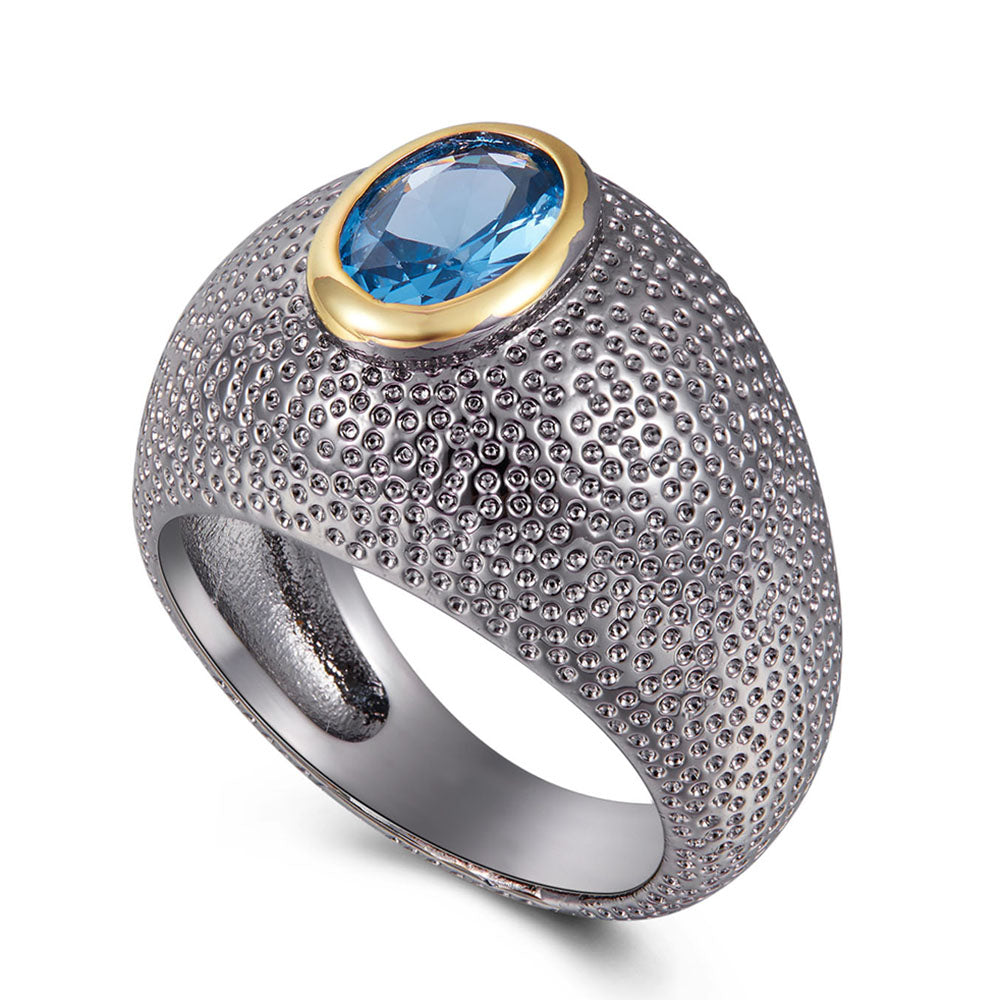 Punk Gun Black Ring for Women Copper Jewelry Oval Blue Crsytal Lady Wide Rings 2 tone Jewellery
