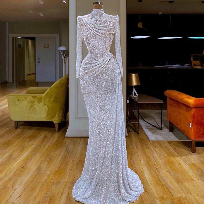 Glitter Mermaid Evening Dresses High Collar Sequins Beaded Sleeve Sweep Train Formal Party Gowns Custom Made Long Prom Dress