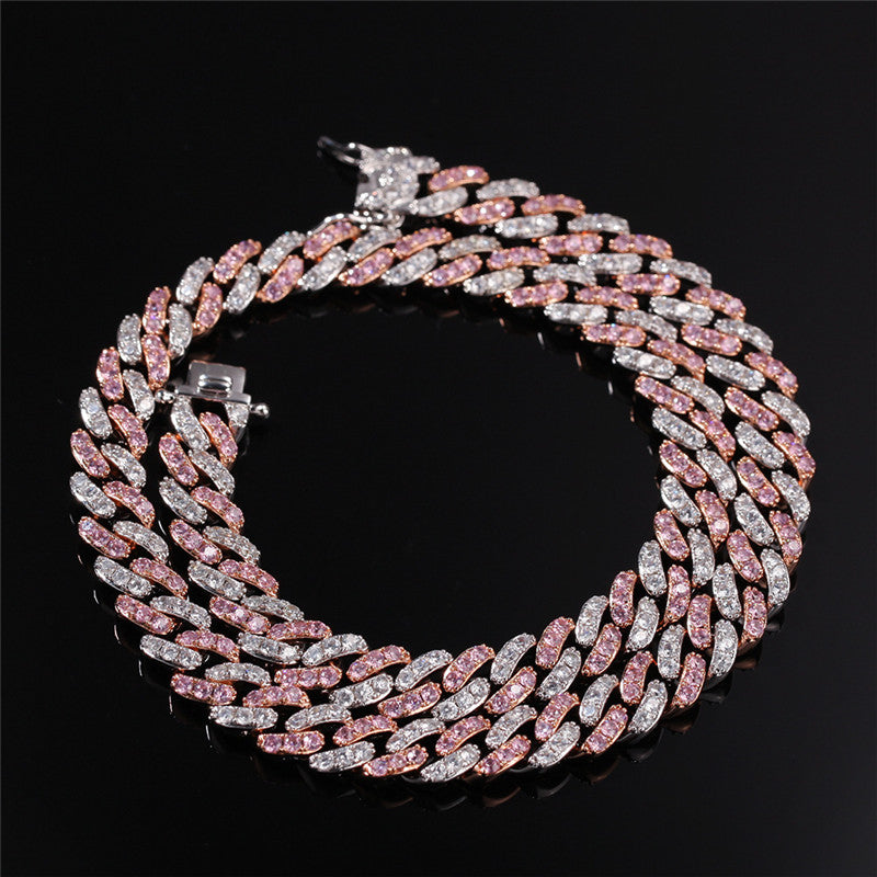 8mm Iced Out Women Choker Necklace Silver -Rose Gold Cuban Link With White & Pink Cubic Zirconia Chain Jewelry Bracelet