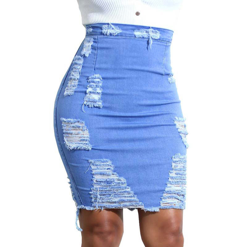 Women Denim Skirt Ripped Holes Tassels High Elastic High waist jeans Knee Length Skirts A-line Casual Female