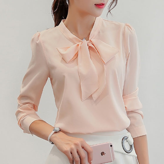 Spring Summer Chiffon Blouse Women Long Sleeve Shirts Fashion Leisure Shirt Bow Office Ladies Pink White Tops
