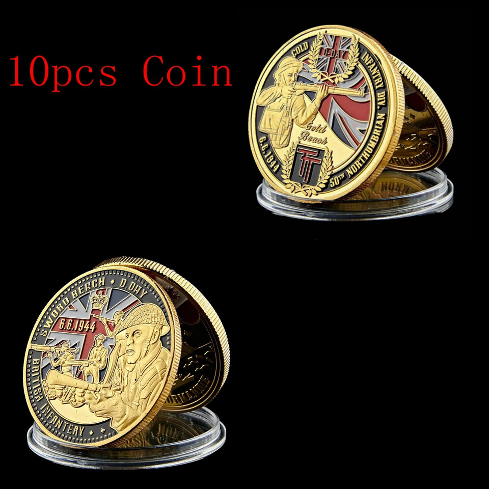 10pcs Challenge Craft British Infantry Coin D-DAY 50th Northumbrian 24K Gold Plated Gold Beach Military Souvenir Badge