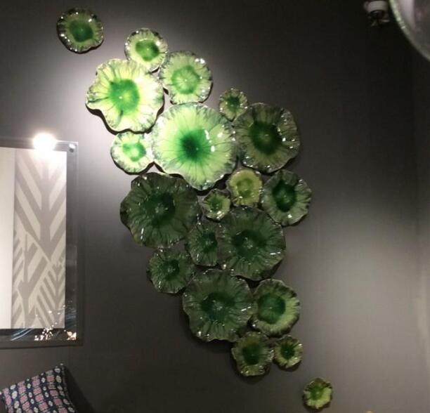 Murano Lamps Plate Green Lotus Leaf Hand Blown Glass Arts Mounted Hanging Flower Wall Art Plates for Living Room