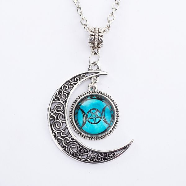 Silver Chain Triple Moon Goddess Pendant Black Wiccan jewelry Moon Goddess Necklace Glass Dome Pentagram Choker Necklaces Women