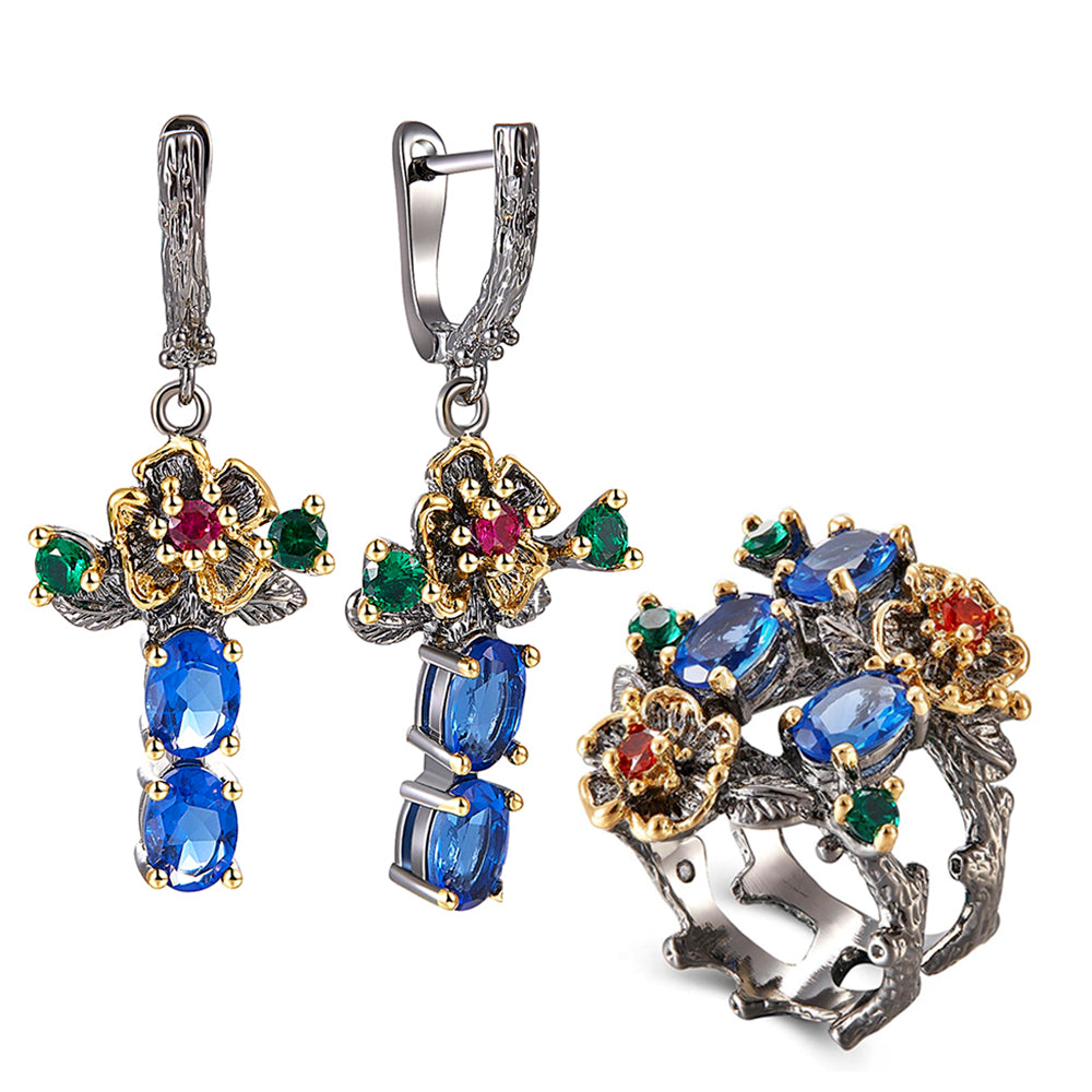 Blue Crystal Earrings Ring Jewellery Set Leaf Dangle Earrings Multi Zirconia Flower Pretty 2pcs Jewelry Sets for Women