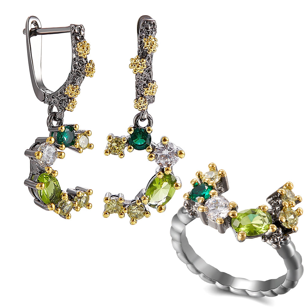 Beautiful Earrings-Ring 2pc Set Branch Olivine Multi Stone Jewelry Sets Color Crystal Pretty Jewellery for Women Statement