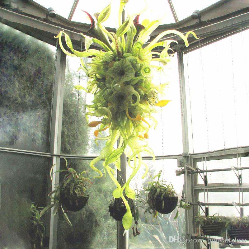 Green Foliage Design Hanging Chandelier Lighting with LED Bulbs Indoor Hand Blown Glass Chandelier Pendant Lamps for Hotel Villa Decor