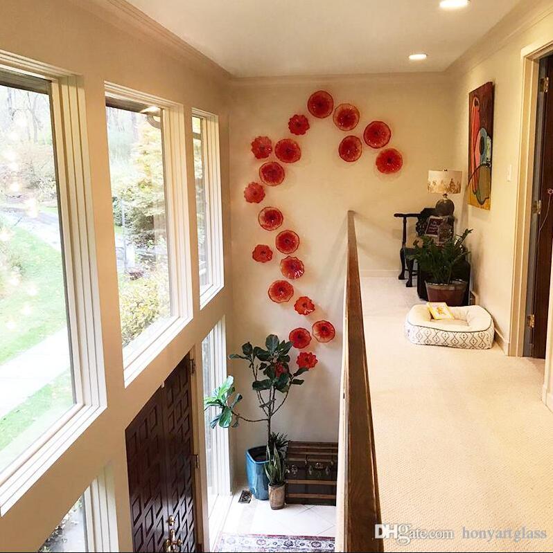 Wholesale Handblown Art Glass Red Orange Murano Glass Decorative Plates Tangerine for Hotel Villa Library House