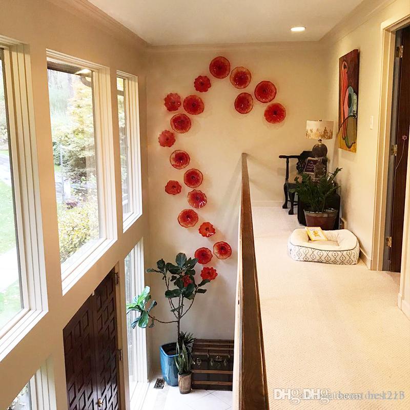 Lobby Entrance Red Glass Flower Plates Murano Glass Wall Arts Villa Hotel Art Decoration Wall Art Hanging Plates