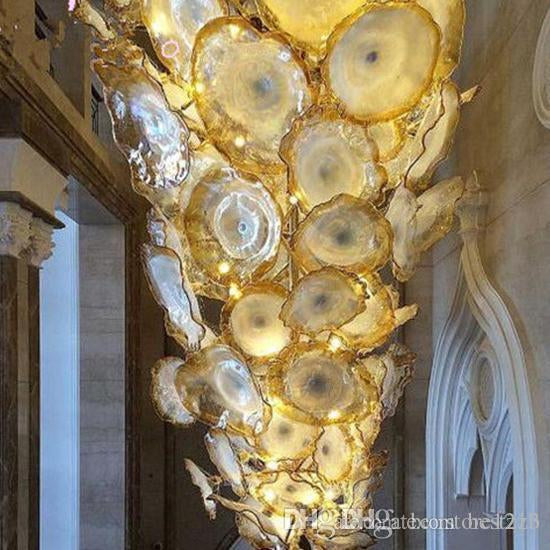 Lobby Entrance Luxury Golden Flower Chandelier Light LED Saving Light Source Murano Glass Plates Art Chandelier Lamp Arab Crystal Chandelier