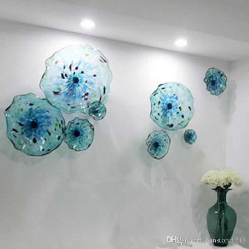 High Quality Murano Flower Glass Plates Wall Arts Blue Color 100% Hand Blown Glass Hanging Plates Scallop Edges Shape