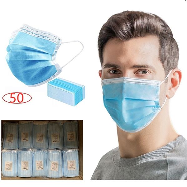 50pcs Top quality Face Mouth Masks 3 Layers Disposable mask Solid Color Non Woven Disposable Anti Dust Earloops Face Masks Free shipping