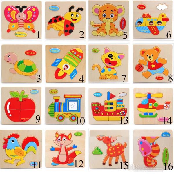 Baby 3D Puzzles Jigsaw Wooden Toys For Children Cartoon Animal Traffic Puzzles Intelligence Kids Early Educational Training Toy 22 Style