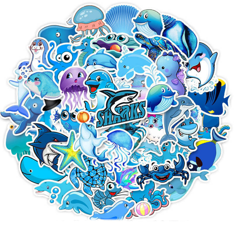 49pcs-Set Blue Ocean Cartoon Marine Animal Shark Doodle Stickers For Laptop TV Fridge Waterproof Bicycle Decal Toy For Kids