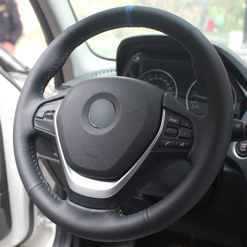 Hand sewing custom Black Leather Blue Marker Car Steering Wheel Cover for BMW F30 320i 328i 320d F20