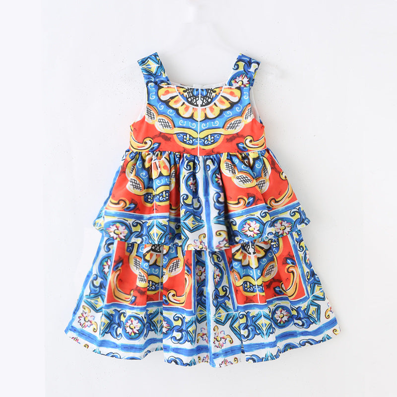 2021 Children&#039;s Summer Girls palace printing suspenders Dress European and American baby children clothing wholesale