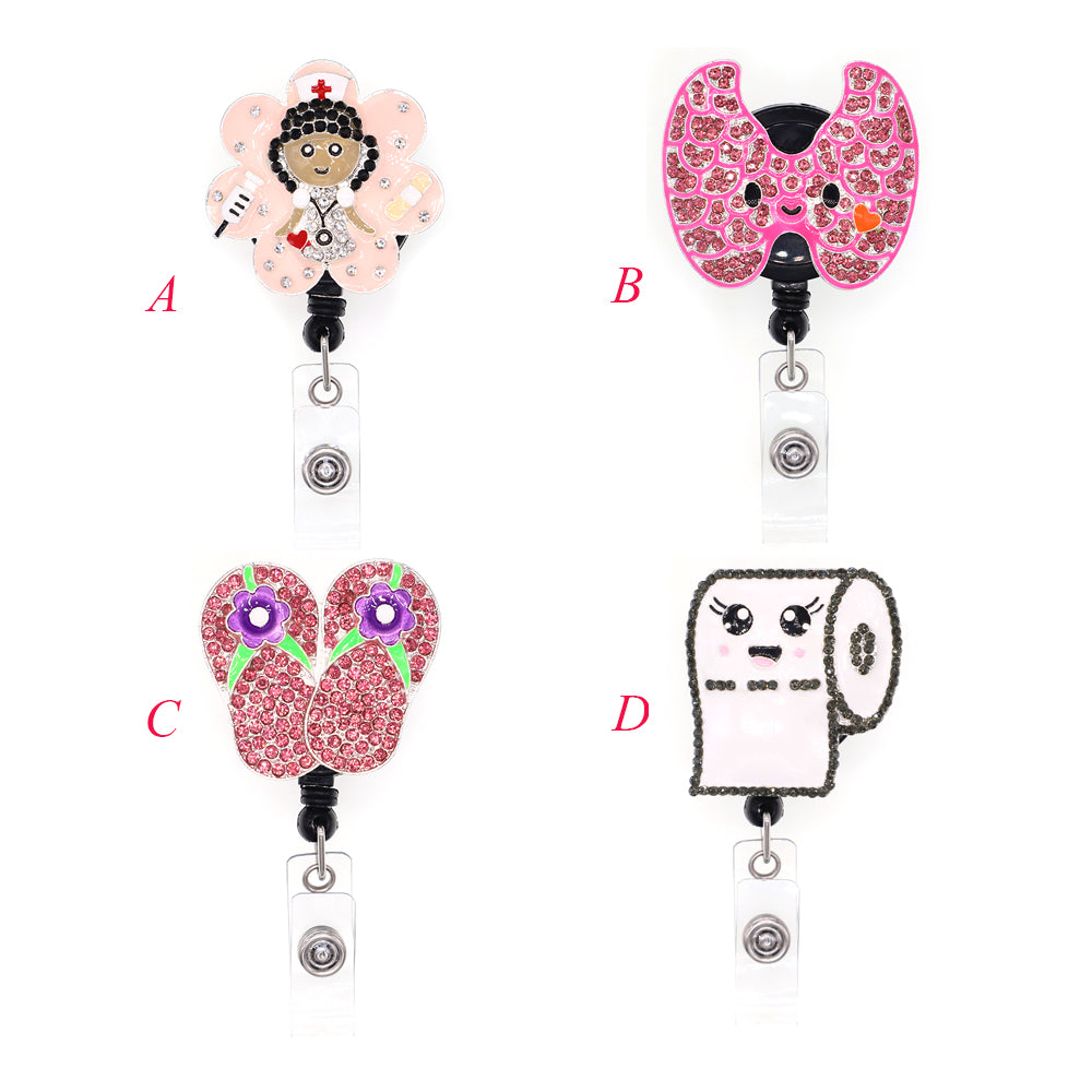 1pc -5pcs -10pcs Cute Rhinestone Roll Paper Flip Flop Shape Badge Reel Retractable ID Badge Holder fOR nurse doctor hospital Student